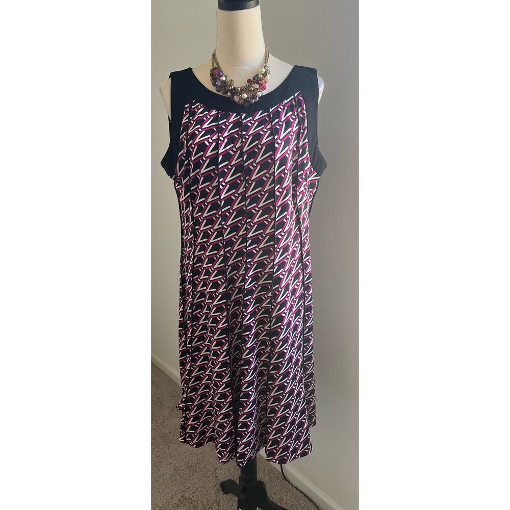 PERCEPTIONS New York Sleeveless V Design Fuchsia Black White MIDI Dress  XL‎
